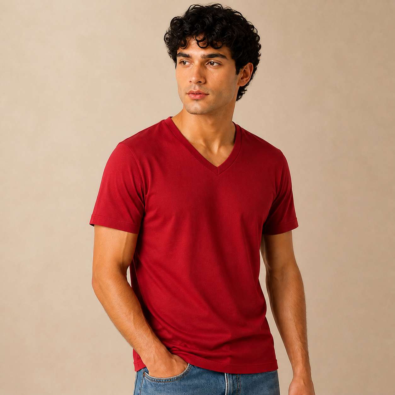 JOY Essential V-Neck Tee in Crimson Red