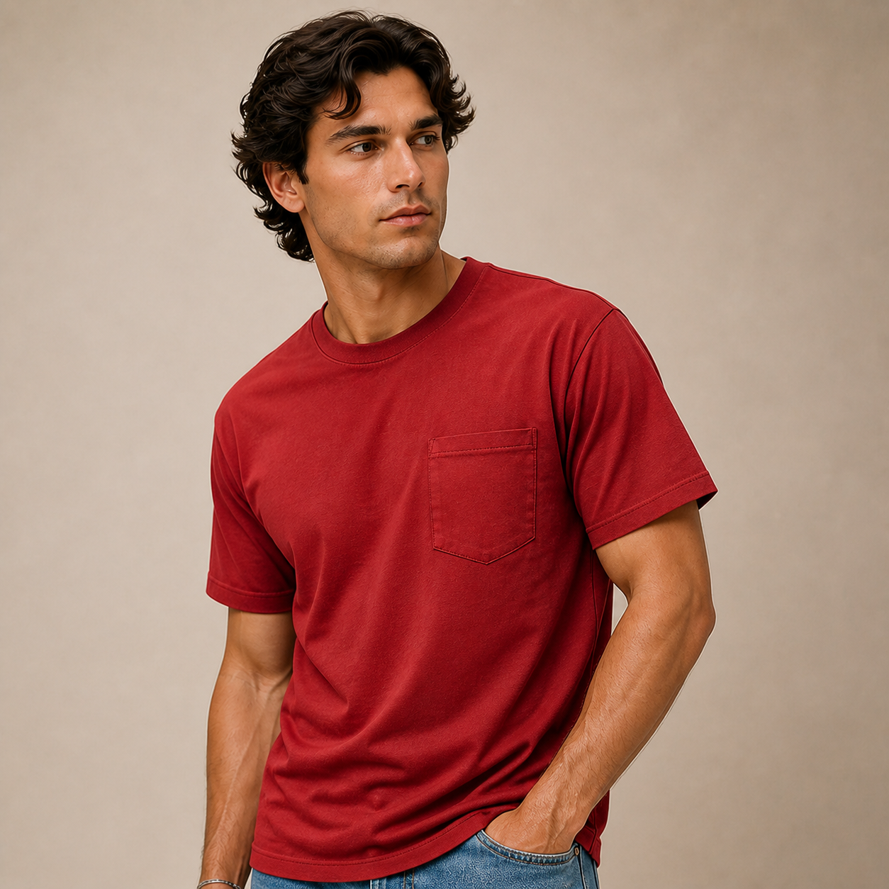 Joy Pocket Crew in Crimson Red - angled lifestyle product view