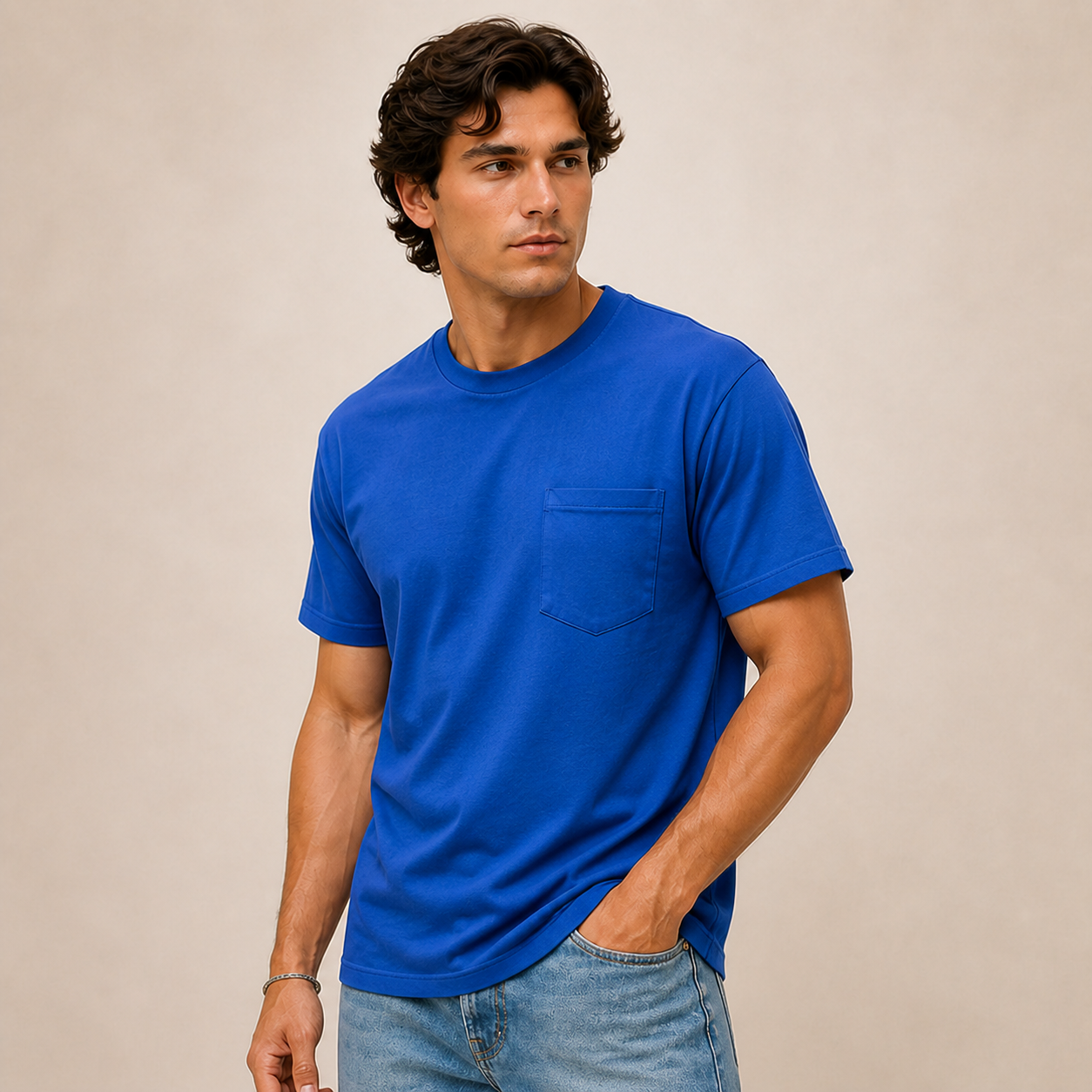 Joy Pocket Crew in Royal Blue - angled lifestyle product view