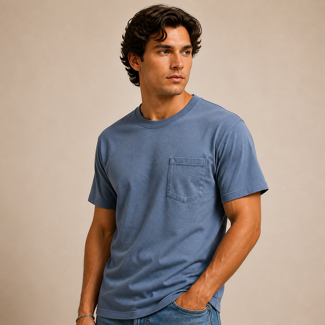 Joy Pocket Crew in Slate Blue - angled lifestyle product view