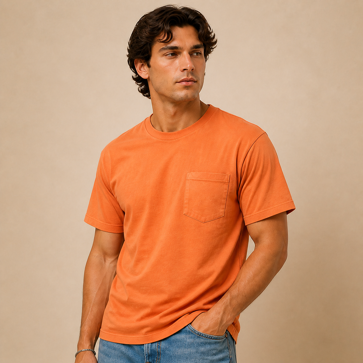 JOY Made in USA Midweight Pocket Crew in Sunset Orange