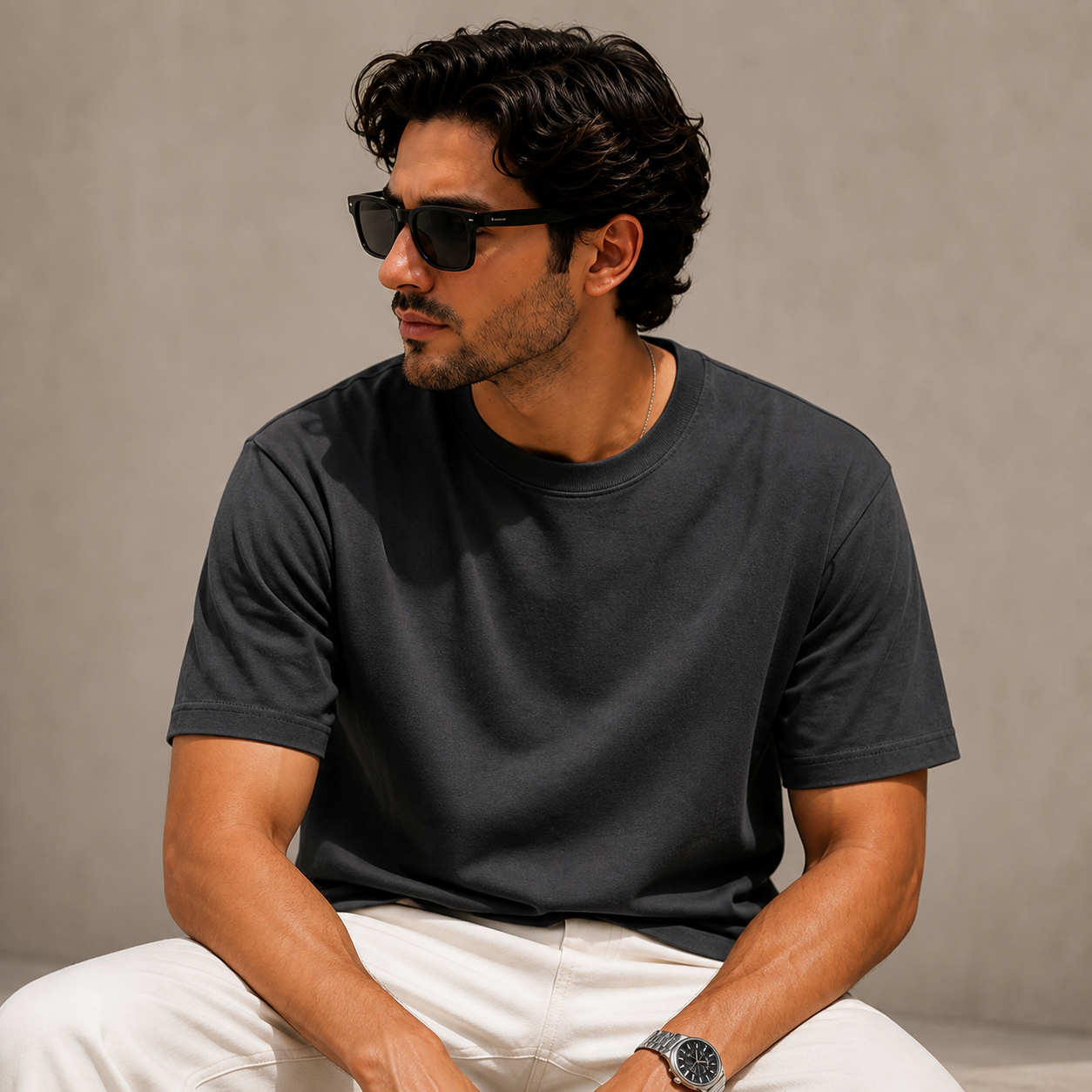 Joy Ultimate Tee in Charcoal - angled lifestyle product view