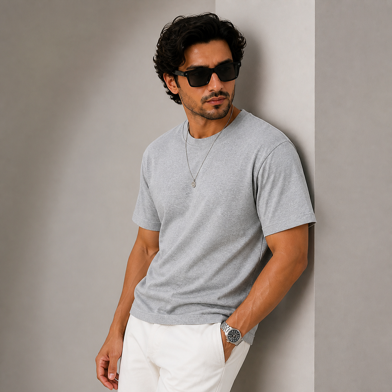 Joy Ultimate Tee in Heather Grey - angled lifestyle product view