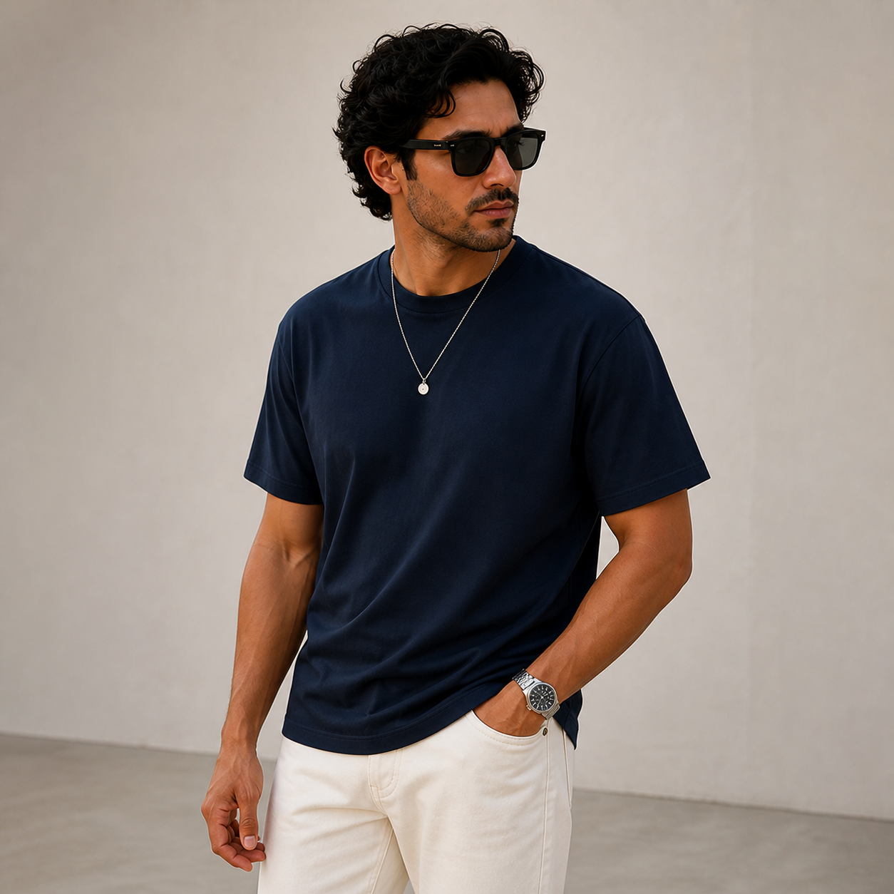 Joy Ultimate Tee in Midnight Navy - angled lifestyle product view