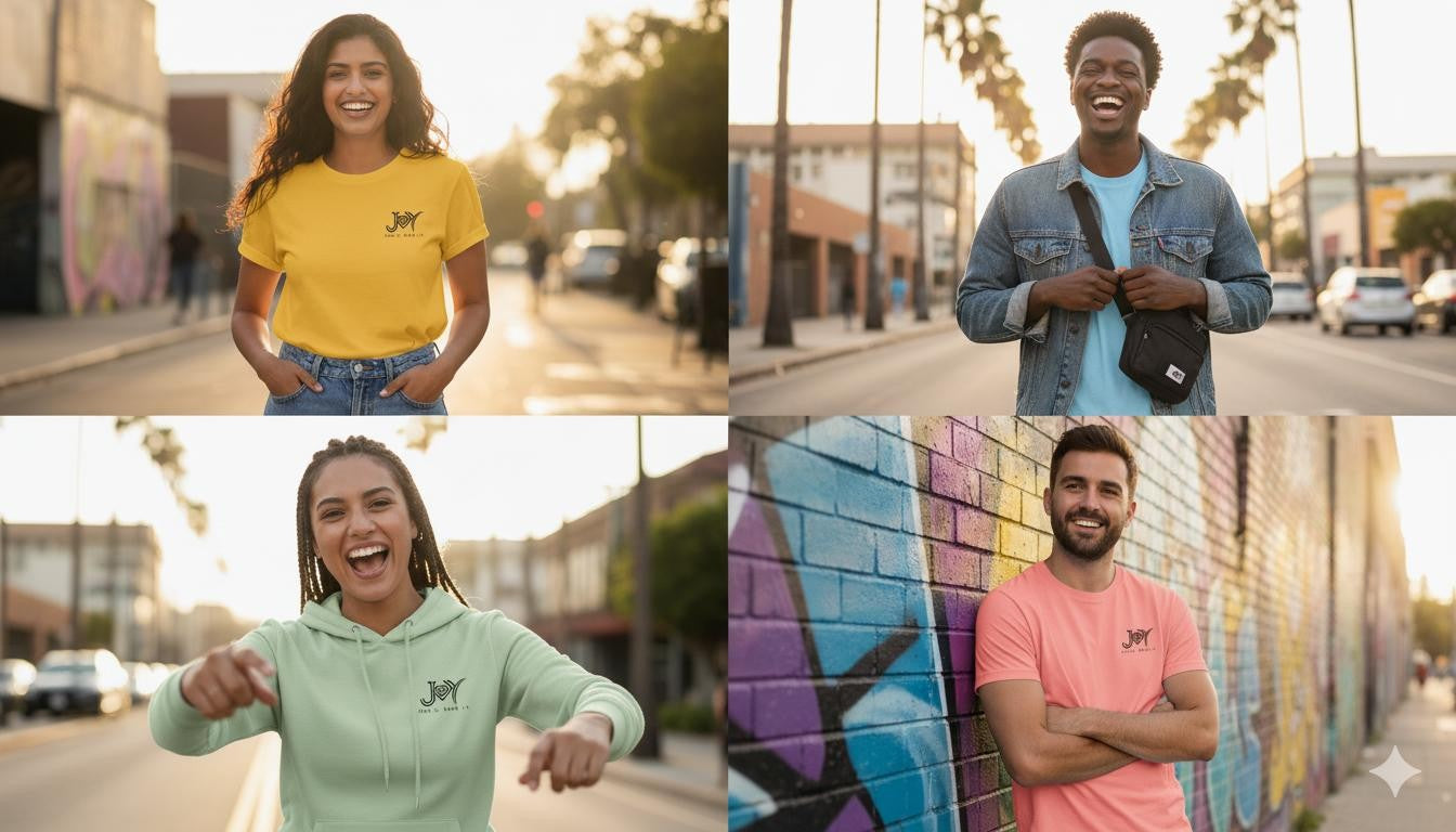 Joy Apparel colorful T-shirts and hoodies lifestyle collage