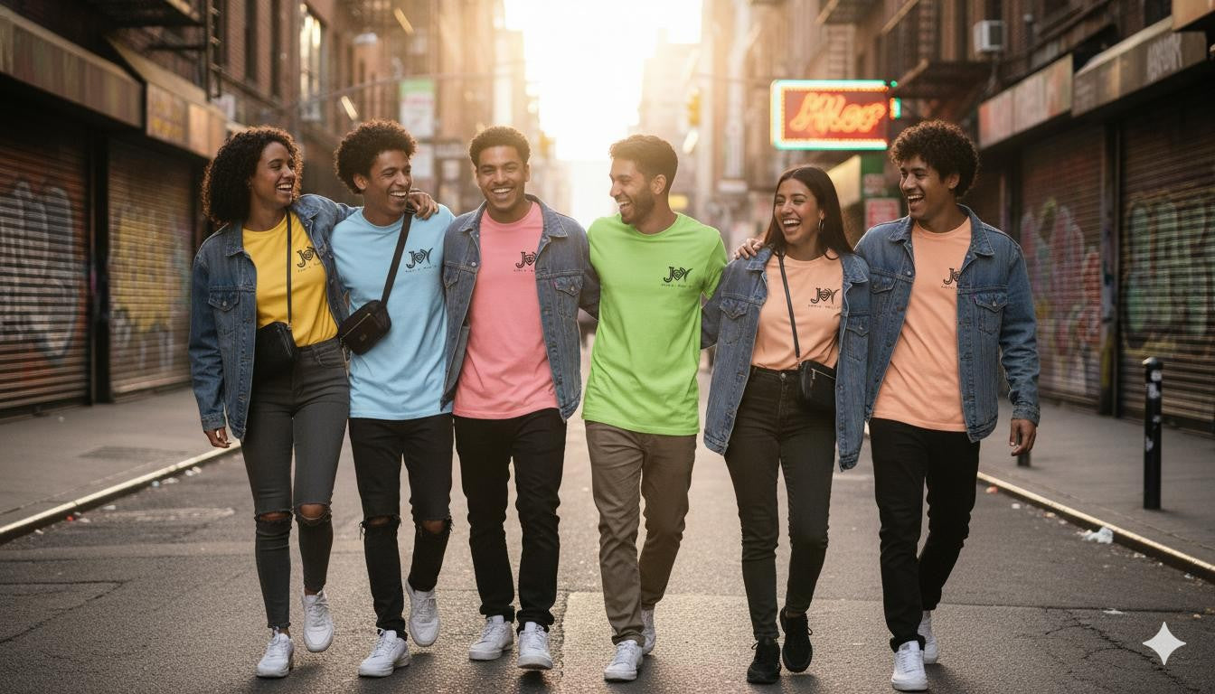 Joy Apparel community wearing colorful T-shirts