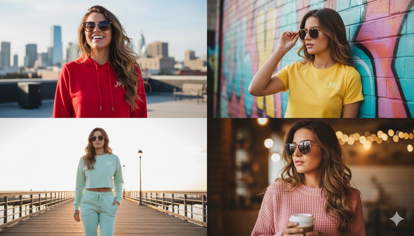 Joy Apparel lifestyle looks with T-shirts and hoodies
